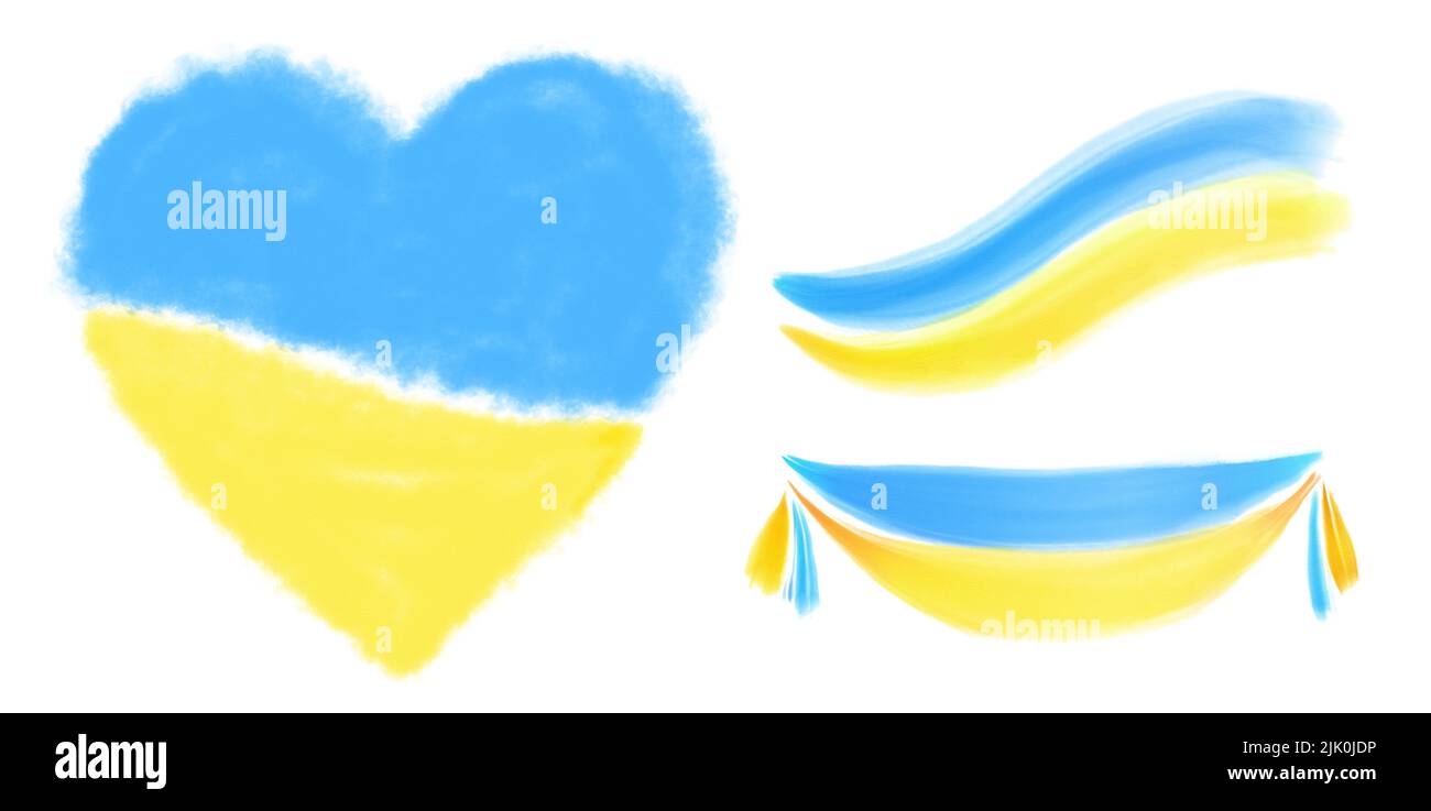 Ucraina bandiere acquerello paese. Raccolta di tre simboli di libertà. Nastri ucraini dipinti a mano e cuore isolato su sfondo bianco. Blu e. Foto Stock