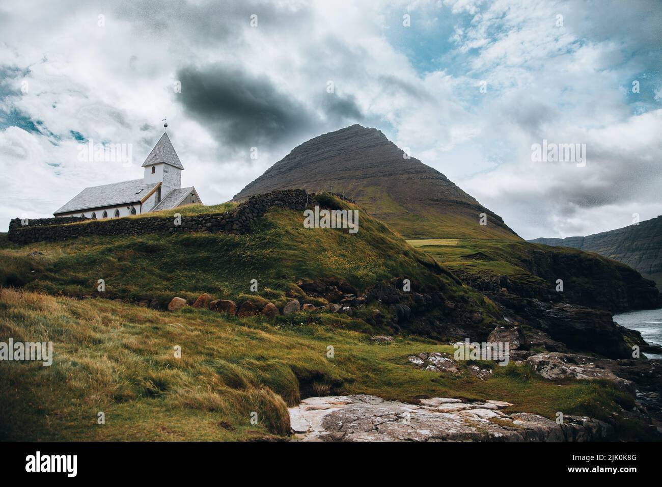 La Viðareiði Kirkja su Vidoy, Isole Faroe Foto Stock