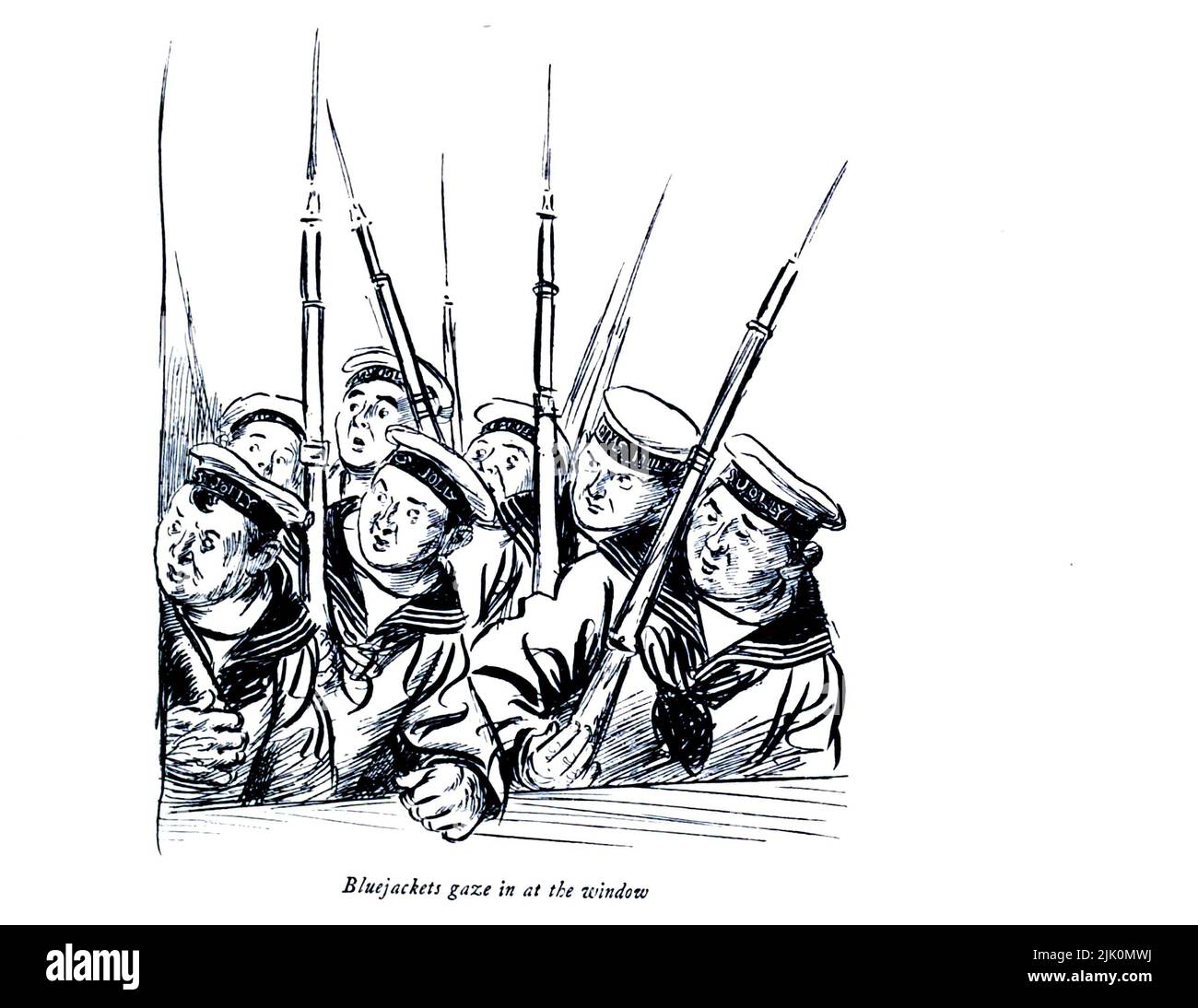 Bluejacks Sguardi alla finestra l'ammirabile Crichton è un comico scenico scritto nel 1902 da J. M. Barrie. Hugh Thomson RI (Coleraine, 1 giugno 1860 – Derry, 7 maggio 1920) è stato un . È conosciuto soprattutto per le sue illustrazioni a penna e inchiostro di opere di autori come Jane Austen, Charles Dickens, e J. M. Barrie. Pubblicato il 1914 Londra, Hodder & Stoughton Foto Stock