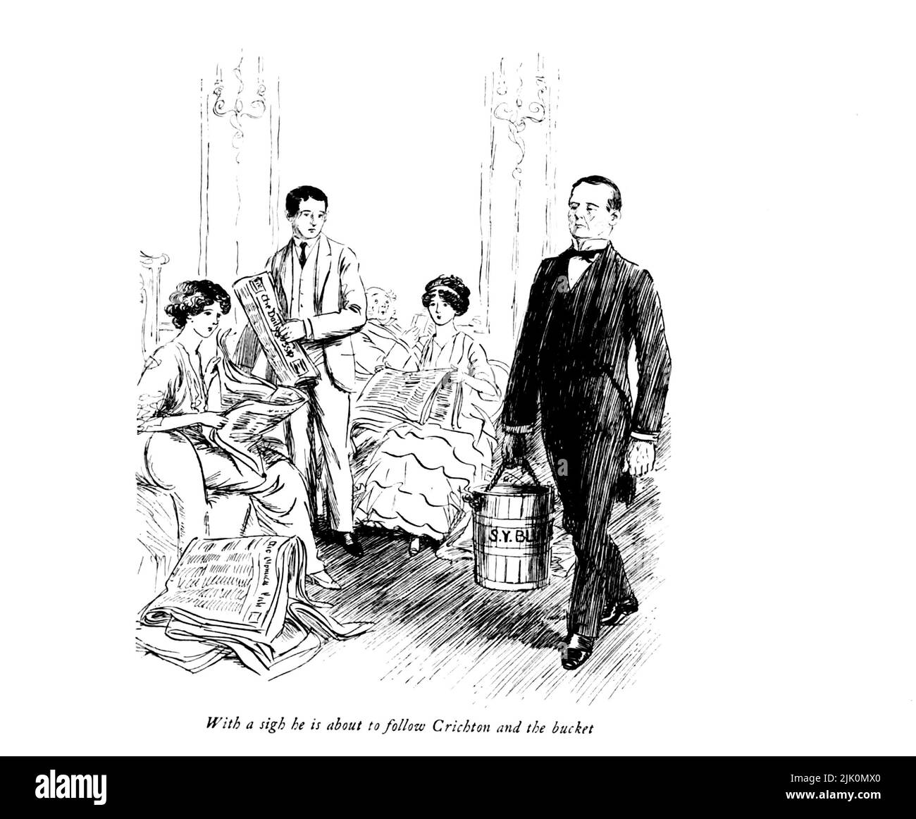 Con un Sigh sta per seguire Crichton e il secchio l'Ammirabile Crichton è un comico scenico scritto nel 1902 da J. M. Barrie. Hugh Thomson RI (Coleraine, 1 giugno 1860 – Derry, 7 maggio 1920) è stato un . È conosciuto soprattutto per le sue illustrazioni a penna e inchiostro di opere di autori come Jane Austen, Charles Dickens, e J. M. Barrie. Pubblicato il 1914 Londra, Hodder & Stoughton Foto Stock