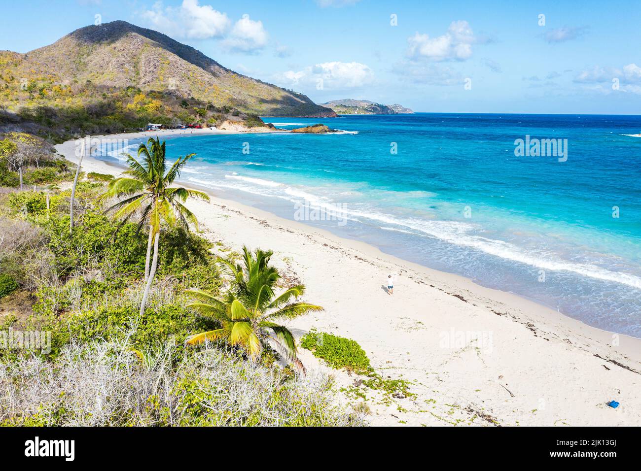 Un turista che cammina su una spiaggia vuota circondata da palme, vista dall'alto, Rendezvous Beach, Antigua, West Indies, Caraibi, America Centrale Foto Stock