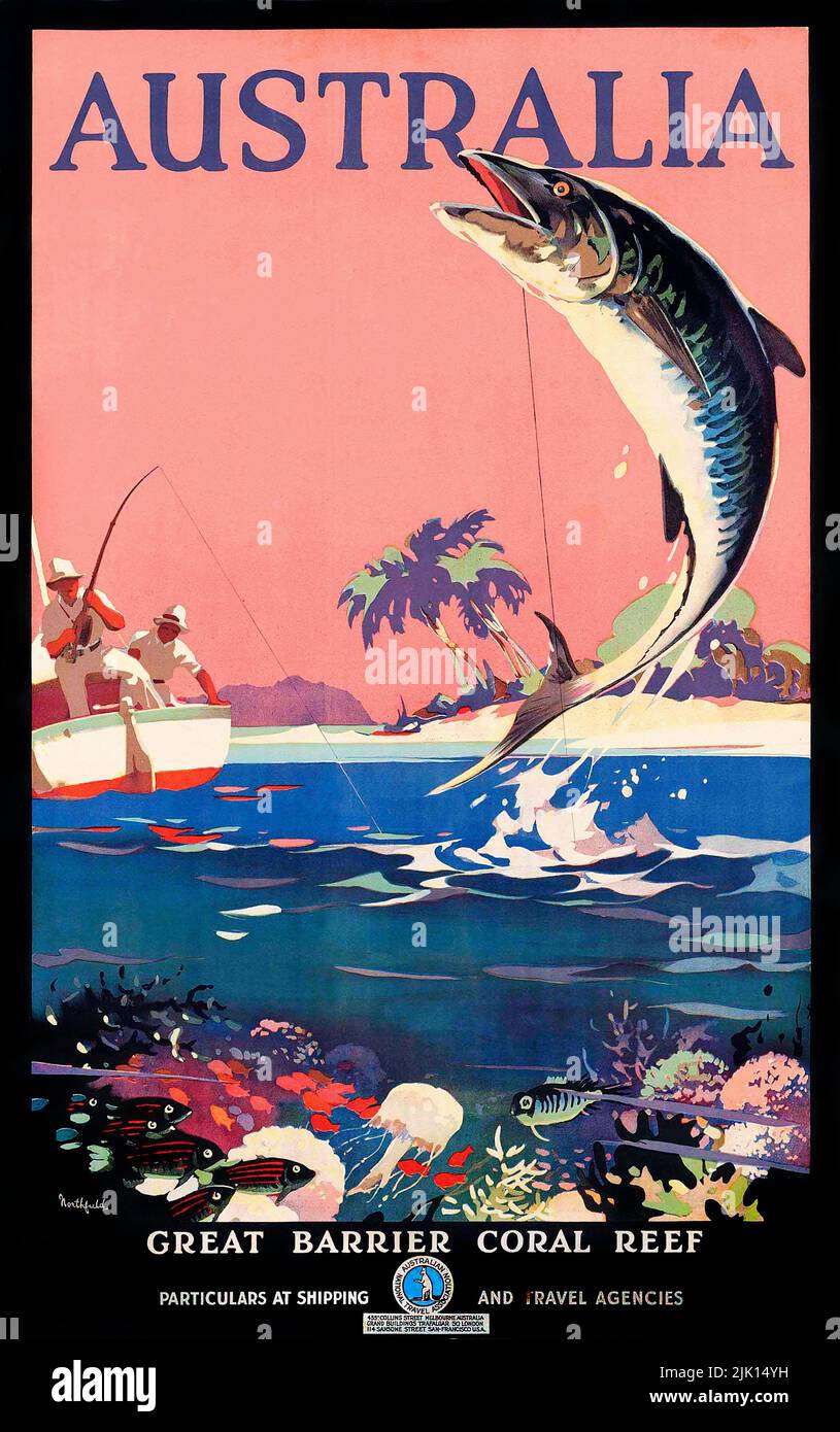 Poster di viaggio vintage 1950s per la Grande barriera Corallina, Australia Foto Stock