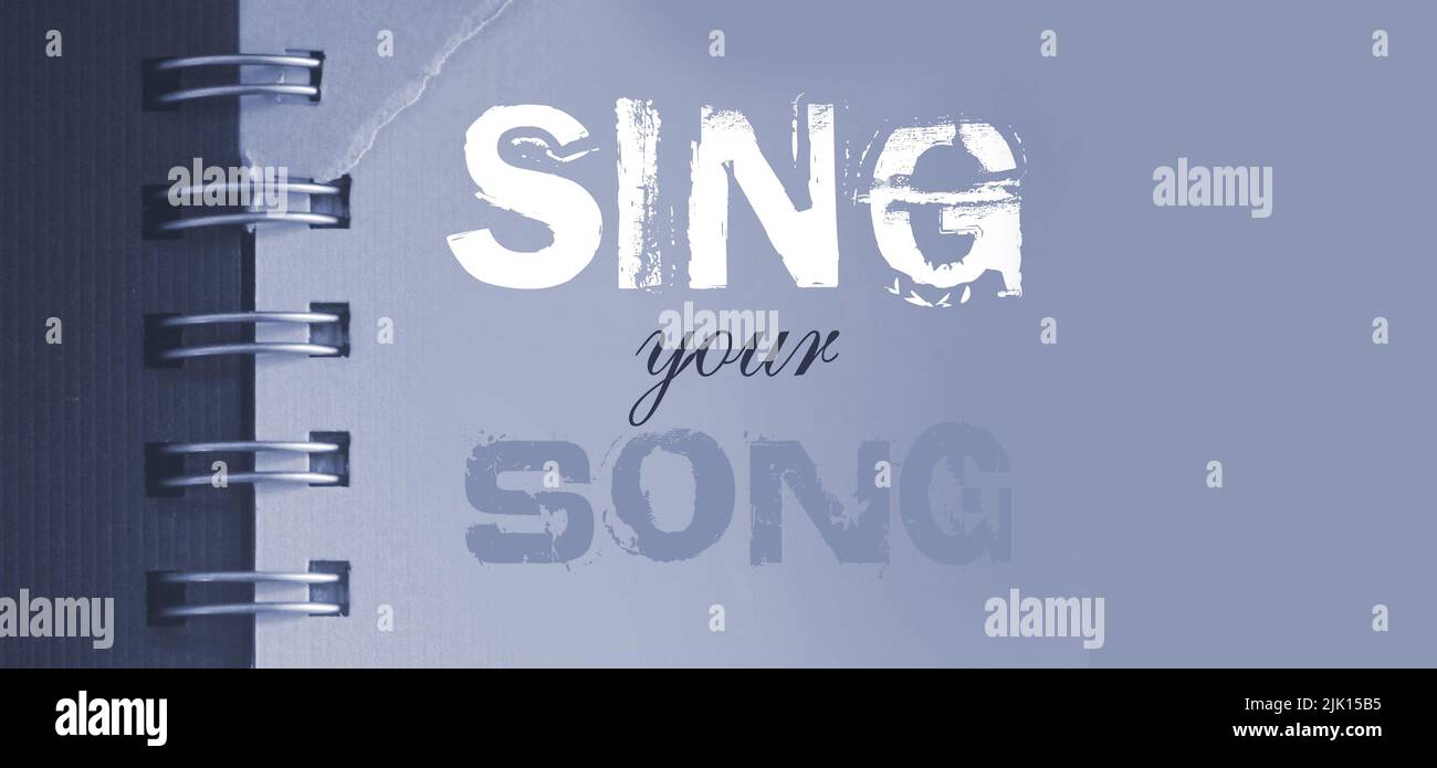 Canta le parole della tua canzone sulla pagina blu cielo di copyybok in bianco e rosa. Concetto di musica. Foto Stock