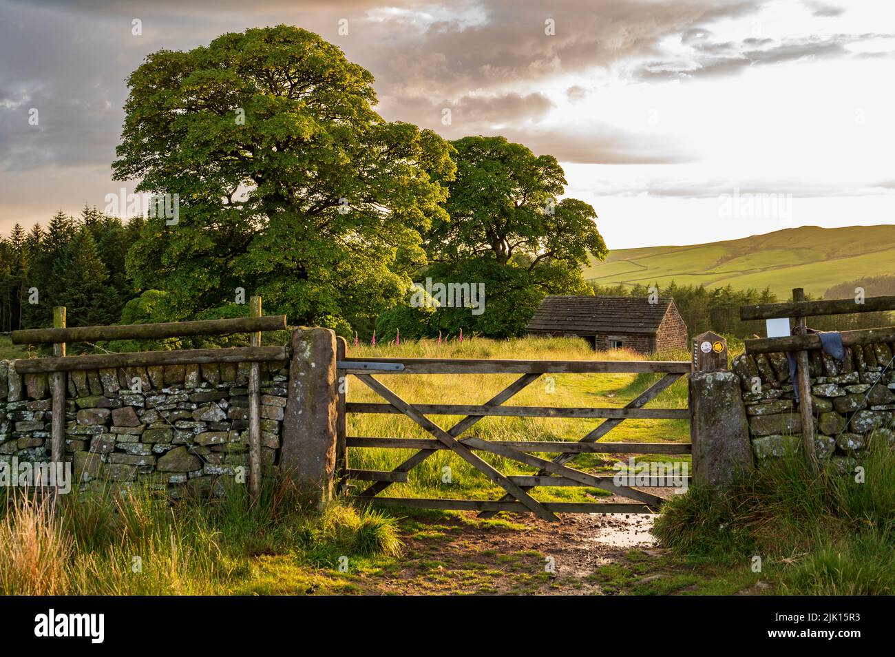 Sentiero con cancello con vecchio fienile nel Peak District, Wildboarclough, Cheshire, Inghilterra, Regno Unito, Europa Foto Stock