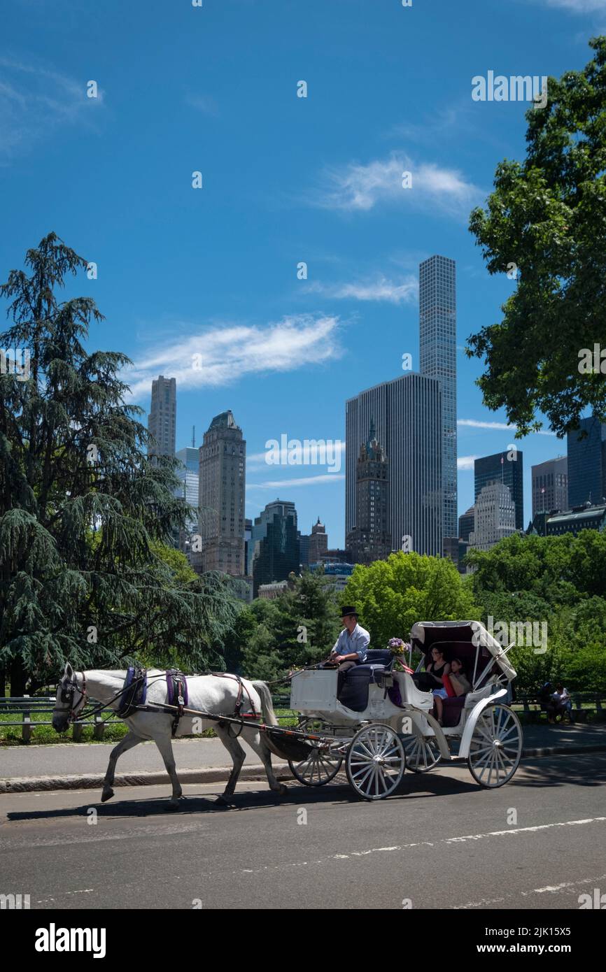 Giro in carrozza a cavallo attraverso Central Park con lo skyline di New York alle spalle, Central Park, Manhattan, New York, Stati Uniti d'America, Nord America Foto Stock