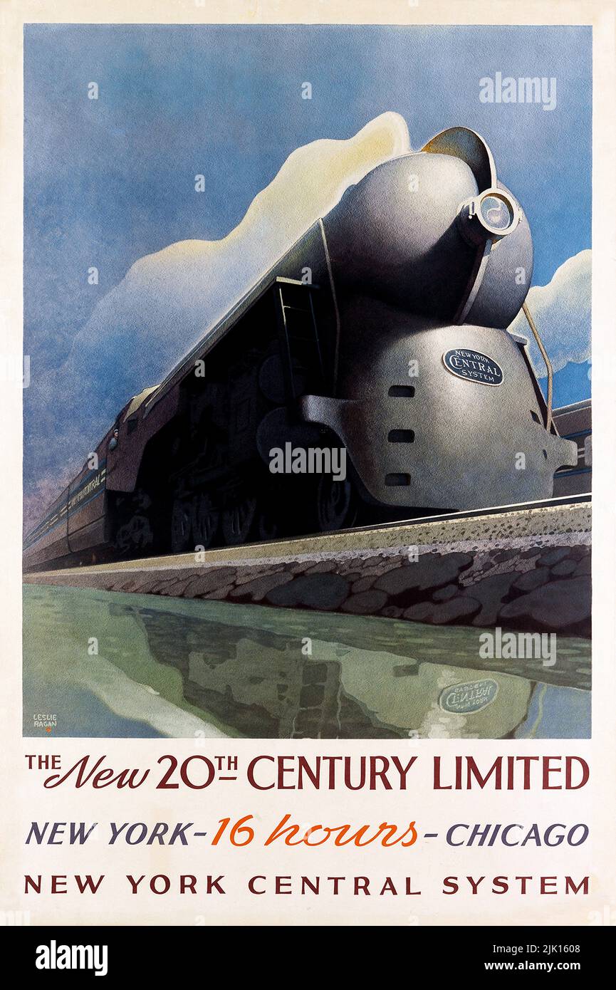 Poster ferroviario vintage 1930s - IL NUOVO 20th SECOLO LIMITATO. 1939. Da New York a Chicago, New York Central System Foto Stock
