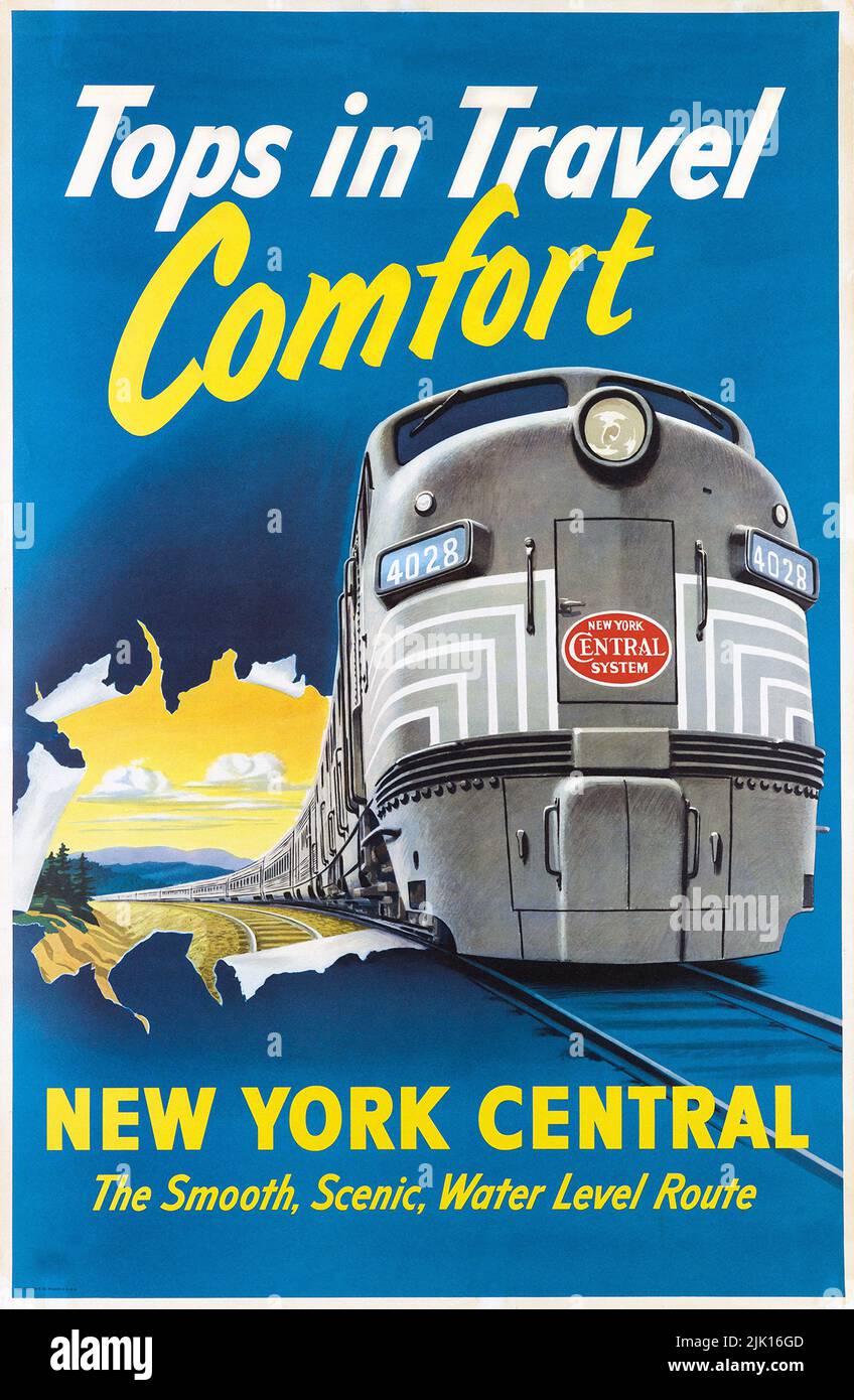 Poster ferroviario vintage 1950s -TOP IN COMFORT DI VIAGGIO / NEW YORK CENTRALE. Circa 1950s. Foto Stock