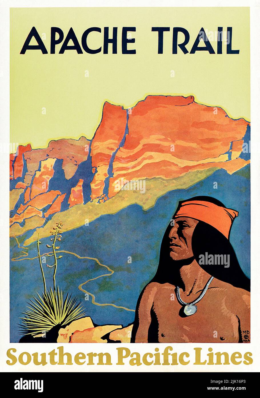 Poster ferroviario vintage 1920s - APACHE TRAIL / SOUTHERN PACIFIC LINES. 1928. Foto Stock