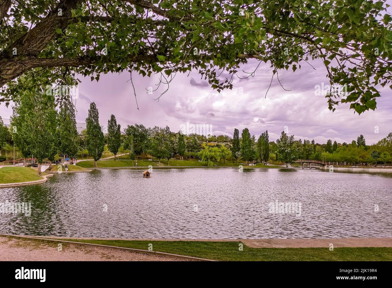 Paesaggio con lago nel parco pubblico, le persone godendo di tempo libero. Madrid. Foto Stock