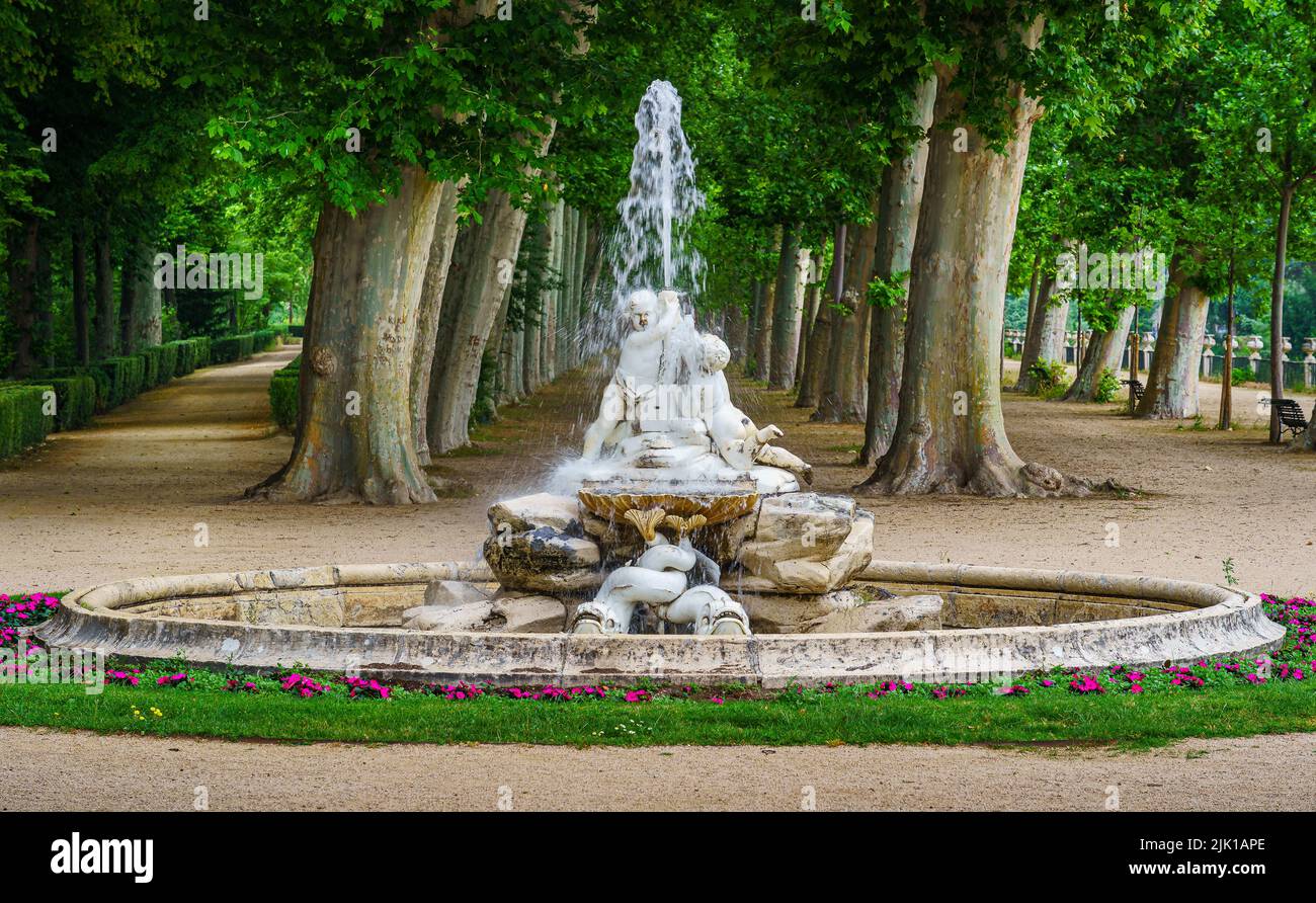 Fontana con acqua in un parco pubblico con grandi alberi sullo sfondo. Aranjuez Foto Stock