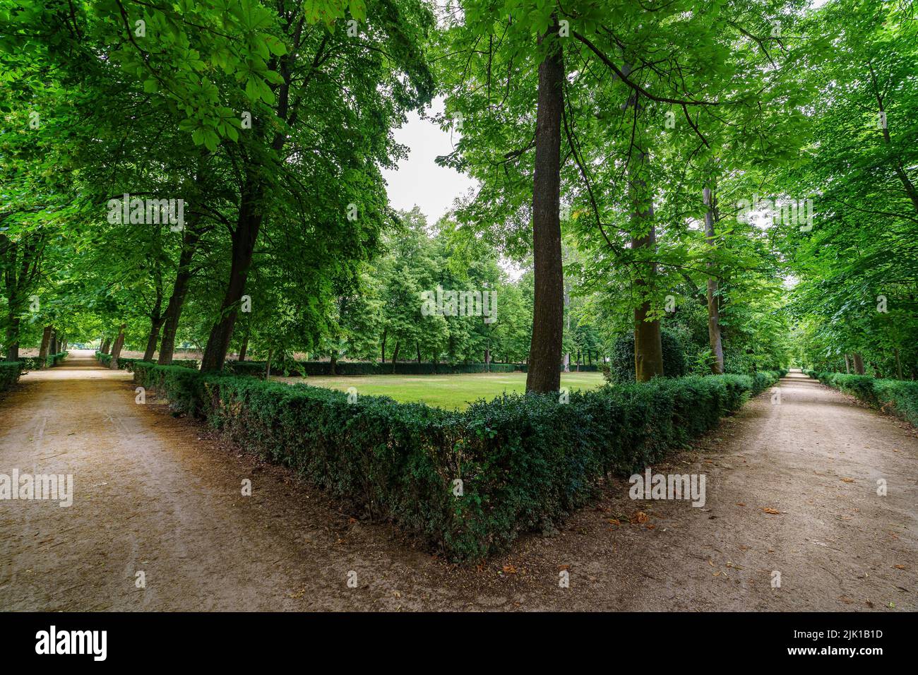 Due percorsi alternativi nei parchi pubblici con sentieri sterrati su entrambi i lati. Foto Stock