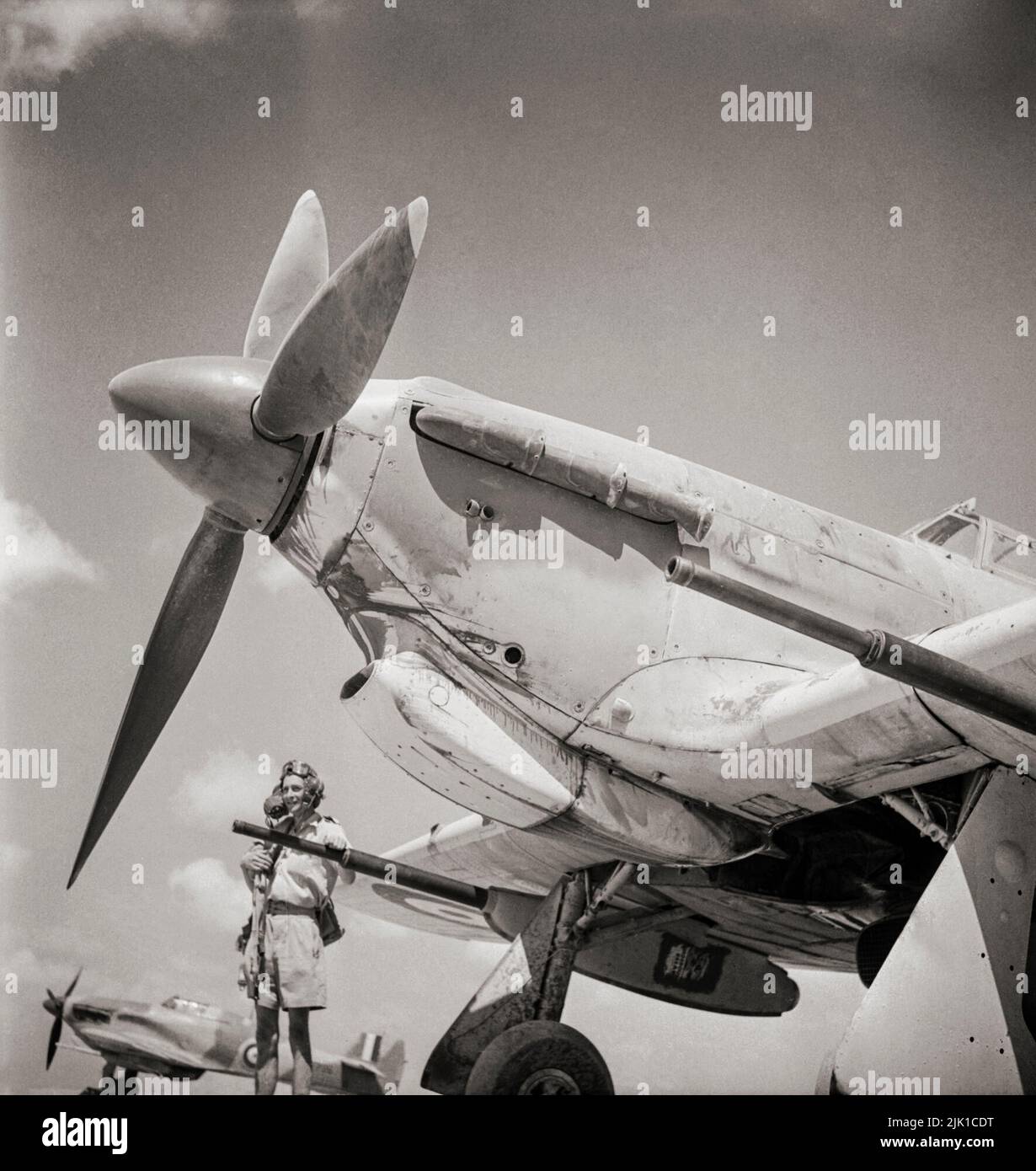 Un pilota di N° 6 Squadron RAF in Egitto, dal suo Hawker Hurricane Mark IID mostrando il cannone anticarro Vickers 40mm usato per buon effetto nella lotta in Nord Africa. L'uragano, un aereo da combattimento britannico a un solo posto del 1930s-40s, fu oscurato nella coscienza pubblica dal Supermarine Spitfire durante la battaglia della Gran Bretagna nel 1940, ma l'uragano infligse il 60% delle perdite subite dalla Luftfaffe nell'impegno, E combattuto in tutti i teatri principali della seconda guerra mondiale. Foto Stock