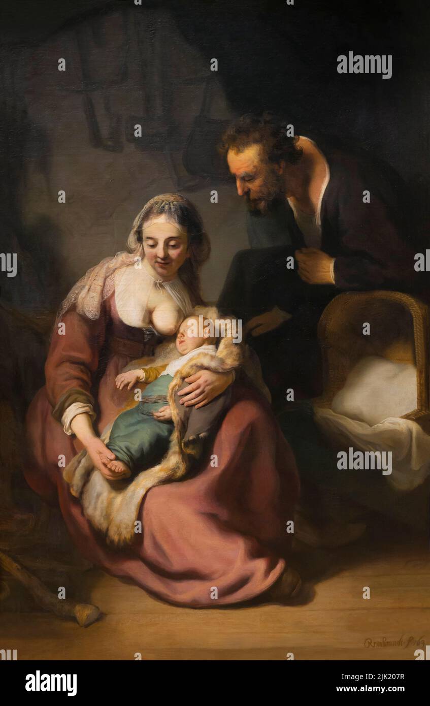 La Sacra Famiglia, Rembrandt, circa 1633-35, Alte Pinakothek, Monaco, Germania Foto Stock