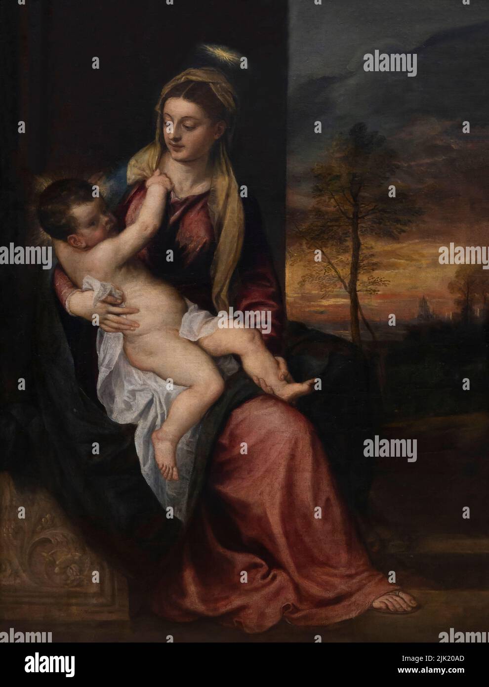 Madonna con Bambino in un paesaggio serale, Tiziano, 1562 - 1565, Alte Pinakothek, Monaco di Baviera, Germania, Europa Foto Stock