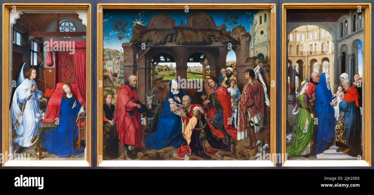 Pala d'altare di Saint Columba, Trittico, Adorazione dei Re, Rogier van der Weyden, circa 1455, Alte Pinakothek, Monaco di Baviera, Germania, Europa Foto Stock