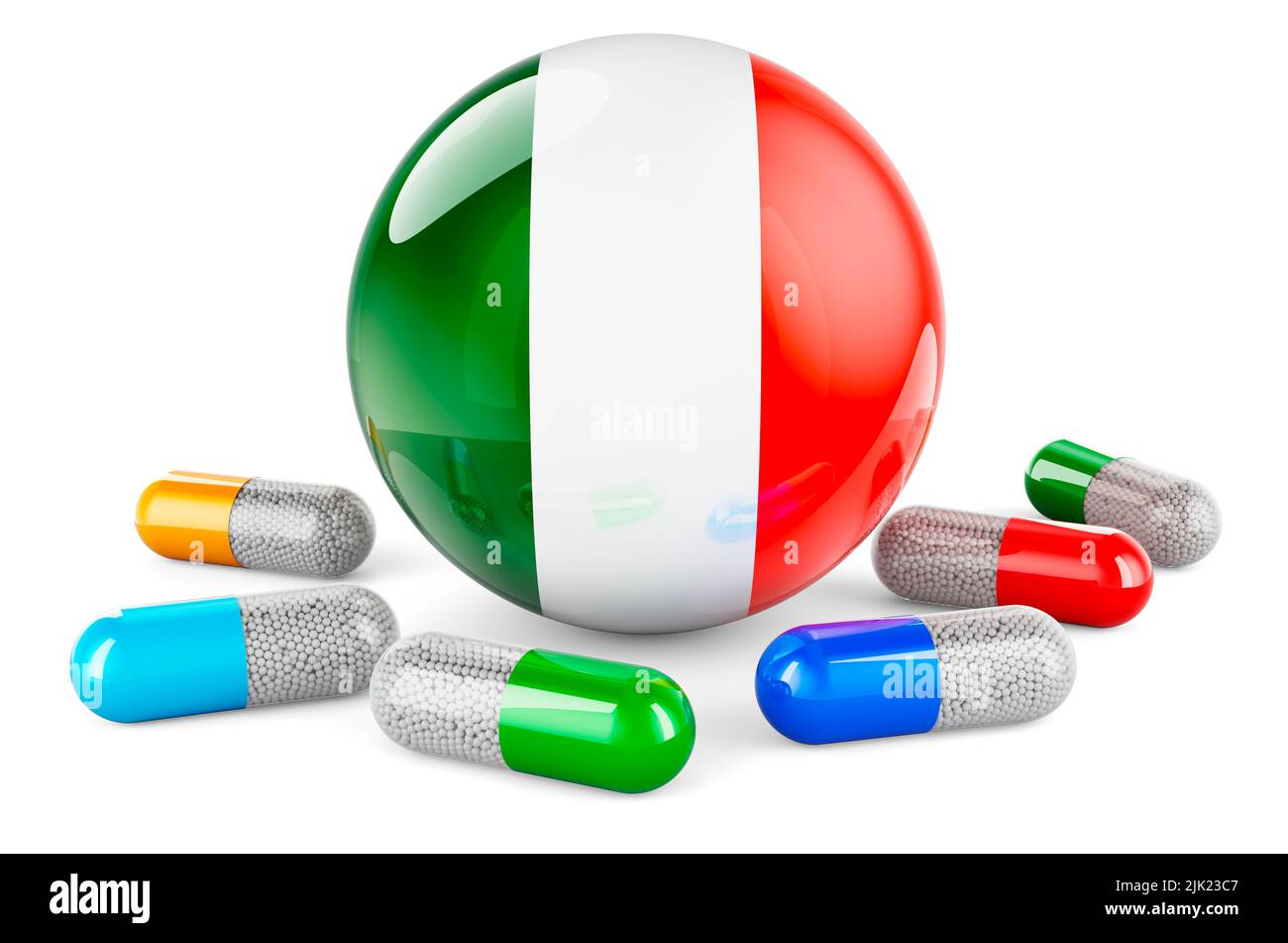 Capsule di pillole con bandiera irlandese. 3D rendering isolato su sfondo bianco Foto Stock