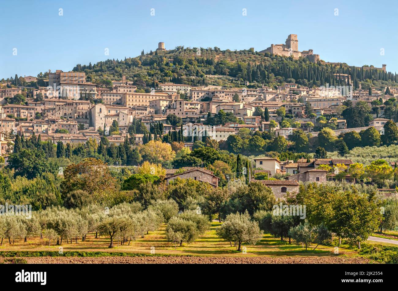 Vista in lontananza del centro storico di Assisi in Umbria Foto Stock