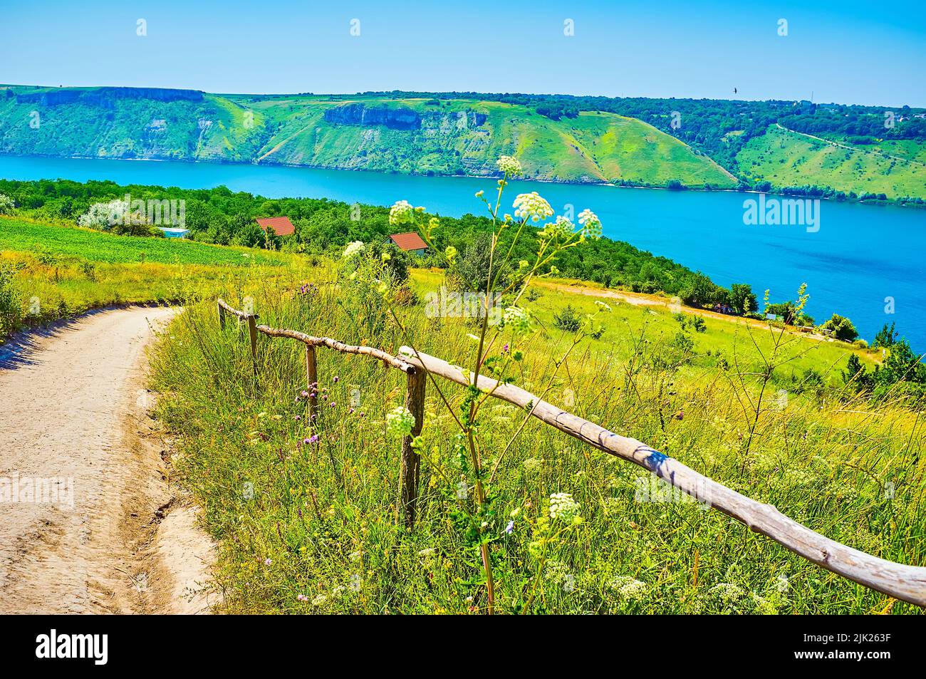 Il percorso tra i fiori prato a Bakota Bay del fiume Dniester, Ucraina Foto Stock