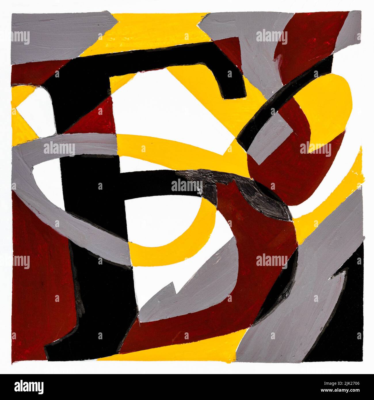 composizione quadrata astratta con lettere e occhiali dipinta a mano su carta bianca con pitture a tempera gialle, marroni e nere Foto Stock