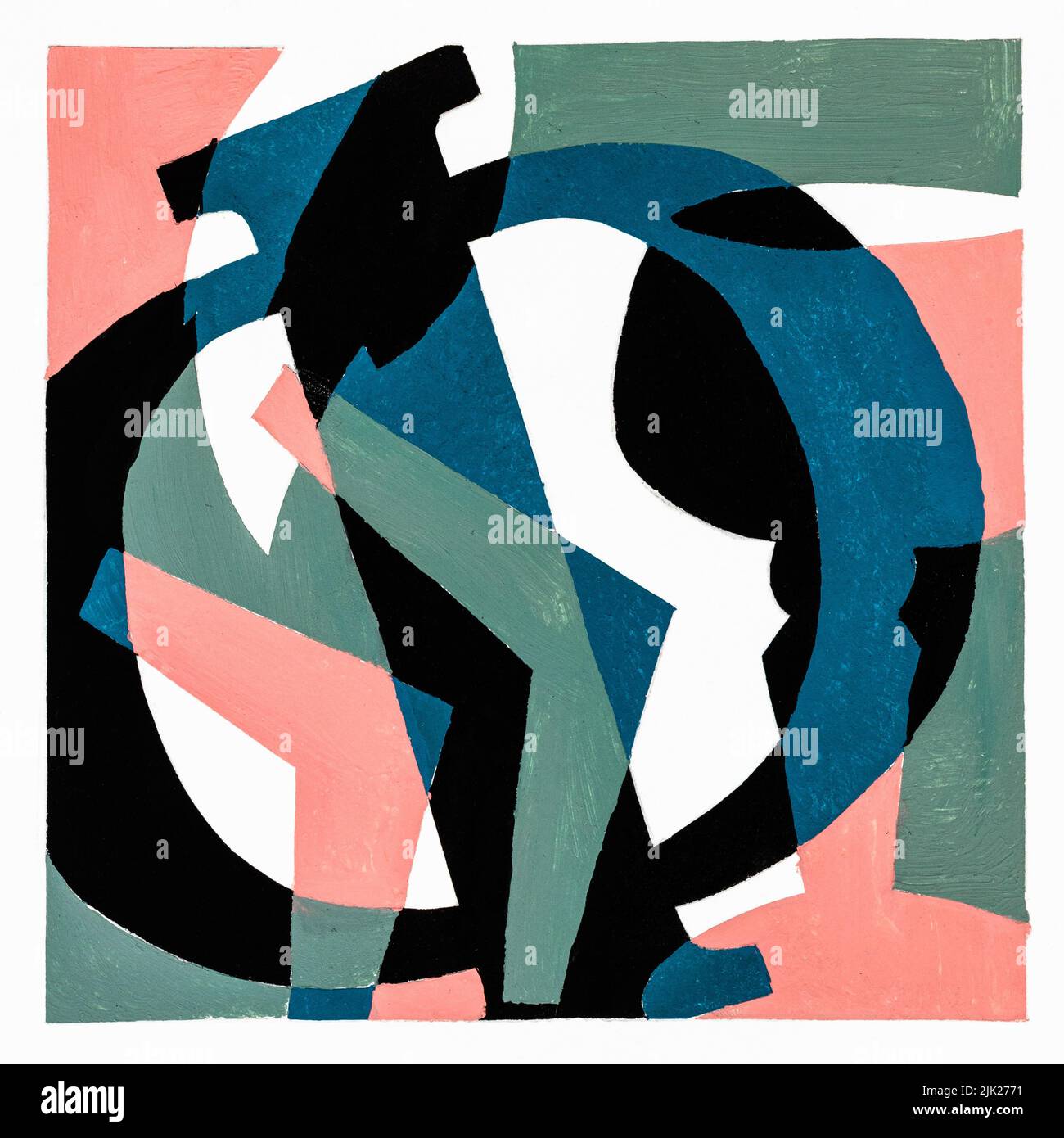 composizione quadrata astratta con lettere, vetro del vino e citazioni dipinta a mano con colori rosa, verde, blu e nero su carta bianca Foto Stock