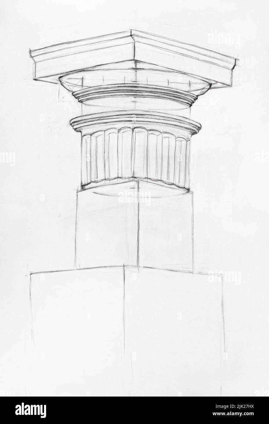 Fase di studio disegno di capitale dorico disegnato a mano da matita nera su carta bianca Foto Stock