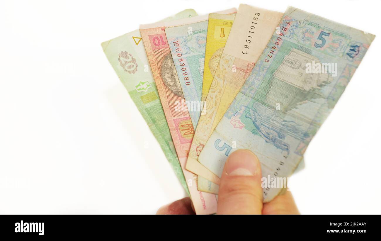 Sfondo di denaro ucraino, su sfondo bianco Foto Stock