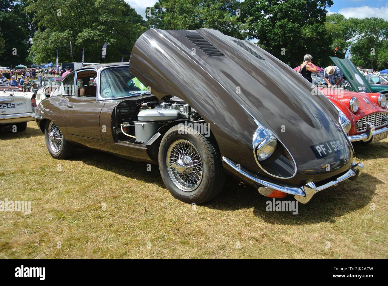 Una Jaguar di tipo e 1968 parcheggiata in esposizione al 47th Historic Vehicle Gathering Classic Car Show, Powderham, Devon, Inghilterra, Regno Unito. Foto Stock