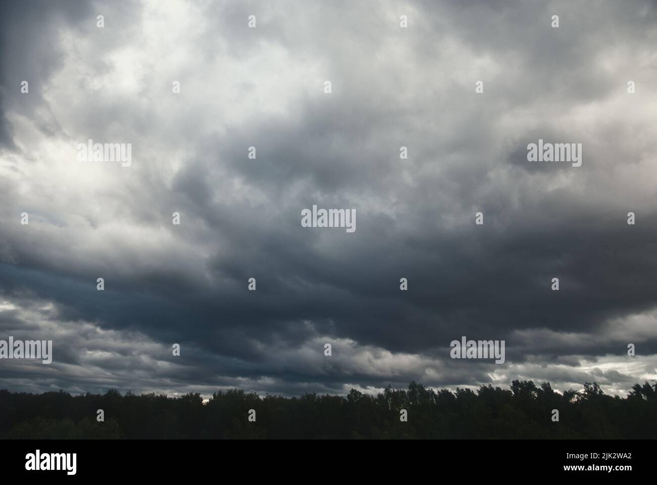 Pesanti nuvole scure basse sopra la foresta prima di tempesta di tuono Foto Stock