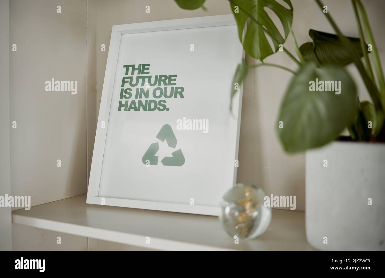 Cartello sostenibile, di sostenibilità e di riciclaggio vicino a un impianto a pentola verde. Visualizzazione del riutilizzo e riduzione dell'immagine della cornice su un armadio di una casa o di una casa. Il Foto Stock