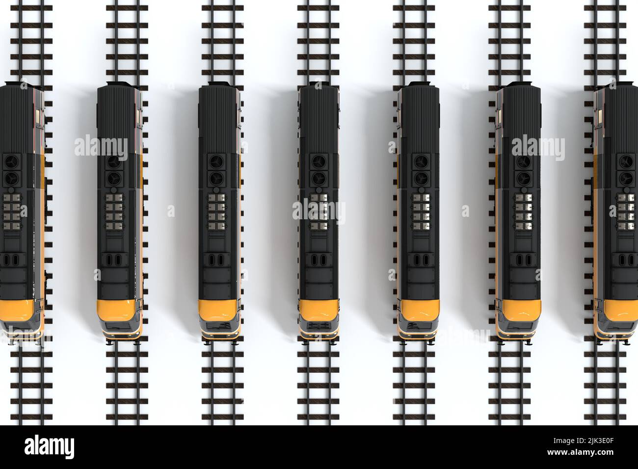 Binari ferroviari con cartello Train Strike, concetto di interruzione del trasporto su sfondo bianco. 3D Illustrazione Foto Stock