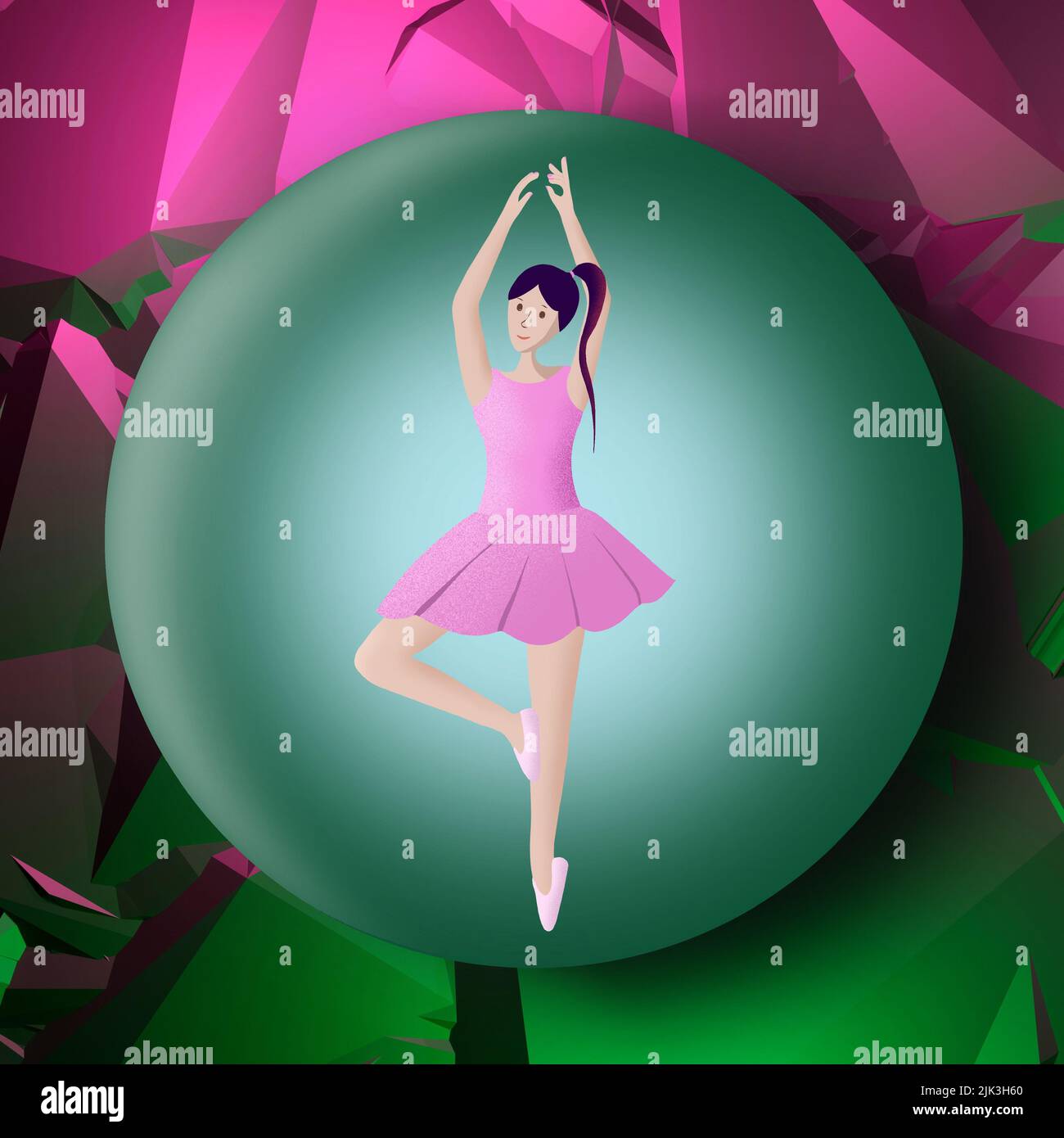 l'illustrazione di una ragazza sta esibendo una figura di ballo. Disegno piatto di una giovane donna danzante. Illustrazione di alta qualità Foto Stock