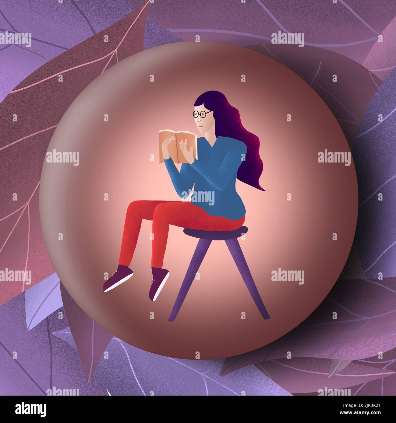 illustrazione di una ragazza è seduta e libro di lettura. Disegno piatto di una giovane donna da lettura su uno sgabello. Illustrazione di alta qualità Foto Stock