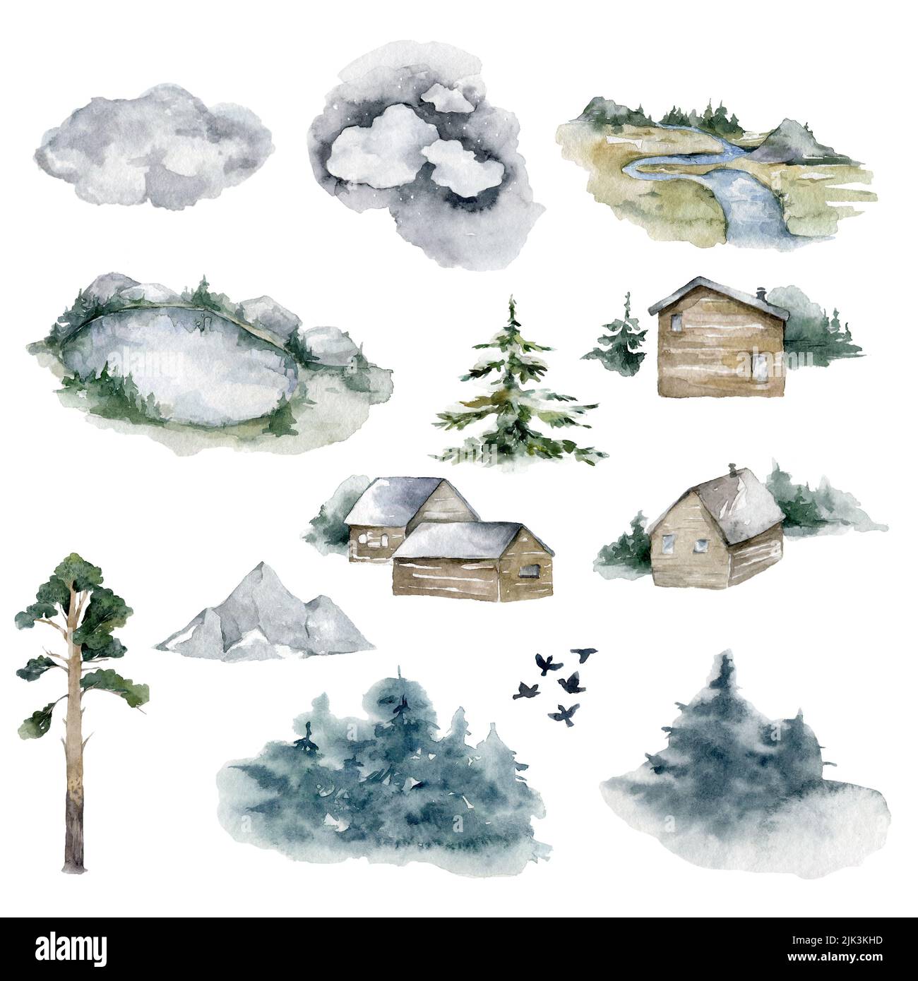 Paesaggi forestali dipinti in acquerello. Laghi, abeti, abeti, un fiume e case. Inverno autunno foresta. Natura Foto Stock