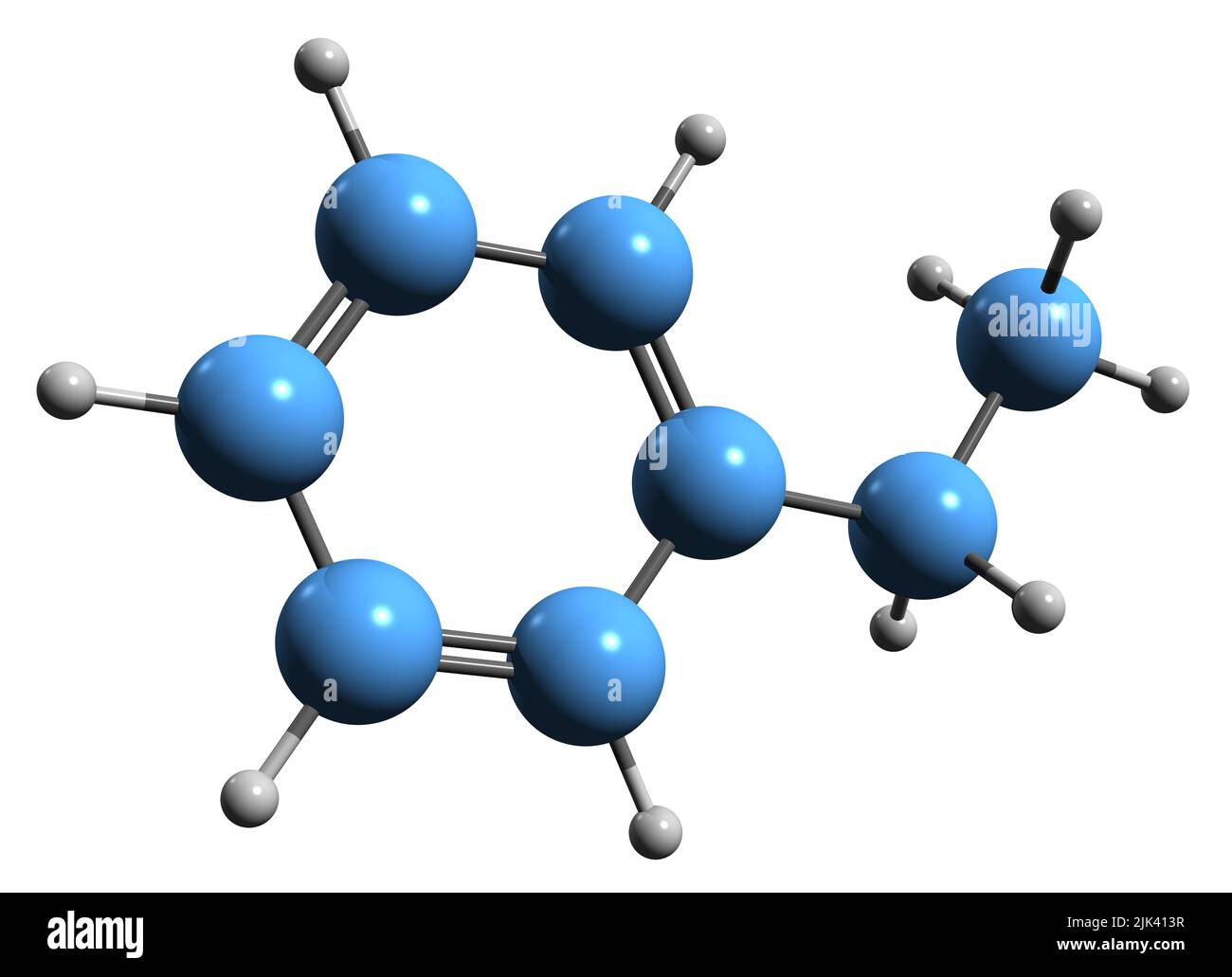 3D immagine di formula scheletrica etilbenzene - struttura chimica molecolare di alfa-metiltoluene isolato su sfondo bianco Foto Stock