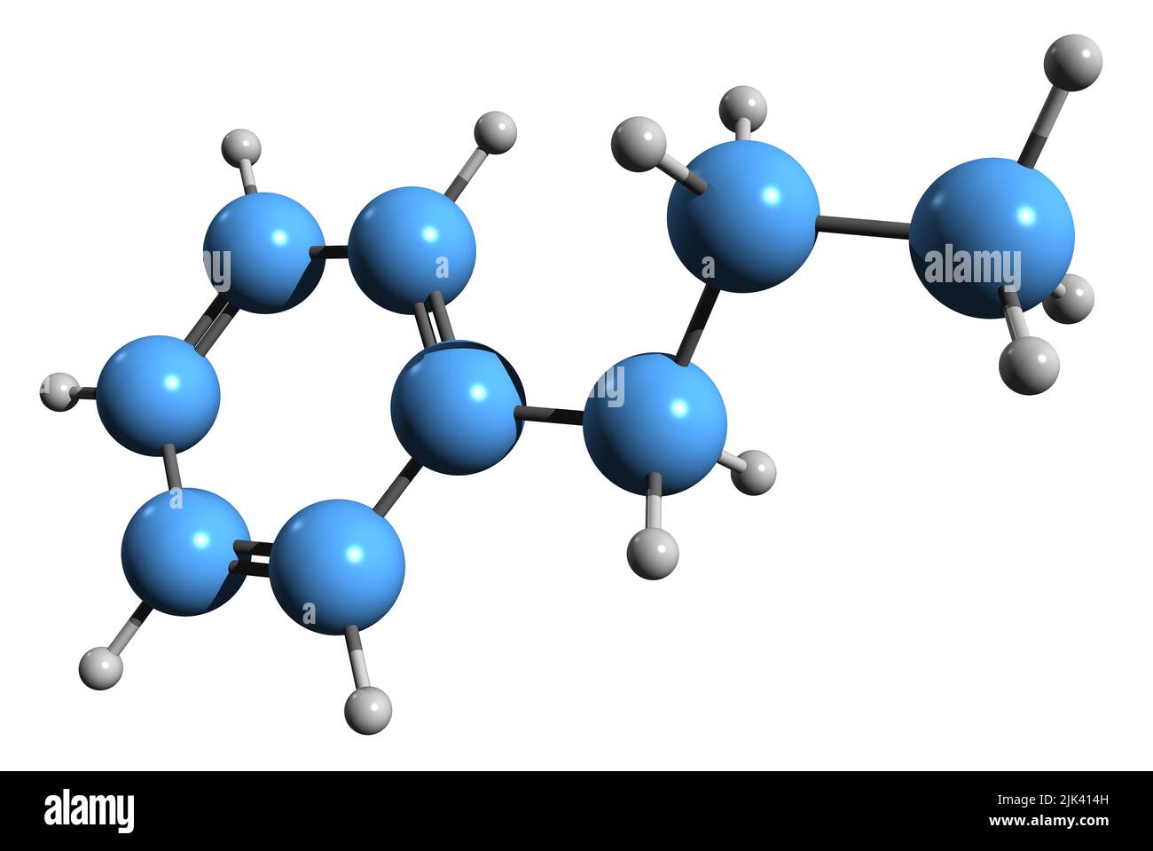 3D immagine di formula scheletrica propilbenzene - struttura chimica molecolare dell'idrocarburo aromatico C6H5CH2CH2CH3 isolato su sfondo bianco Foto Stock