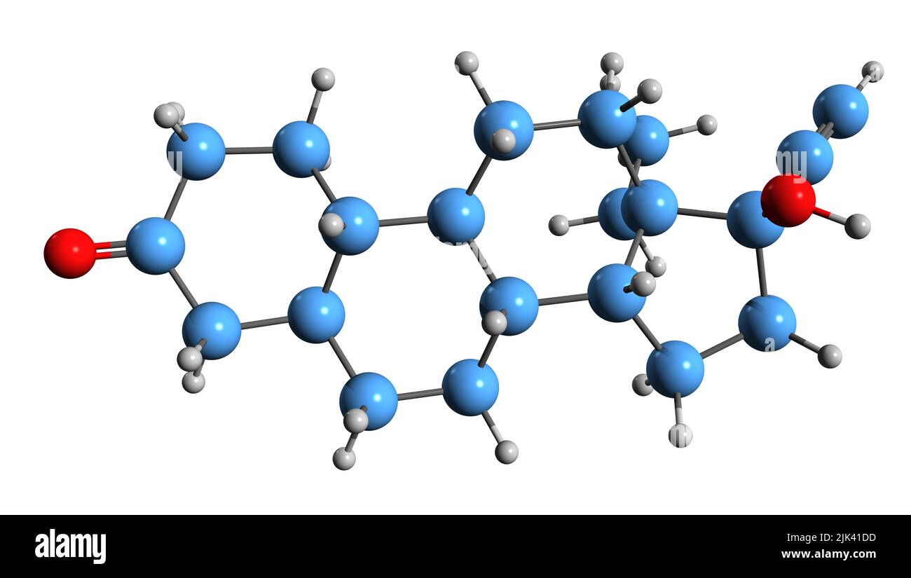 3D immagine della formula scheletrica Dihydrolevonorgestrel - struttura chimica molecolare di DHLNG isolato su sfondo bianco Foto Stock