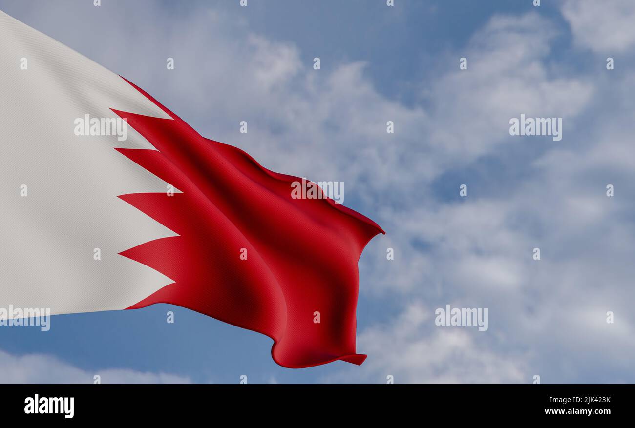 Bandiera nazionale Bahrain, bandiera Bahrain, bandiera del tessuto Bahrain, sfondo blu cielo con bandiera del Bahrain, opera 3D e immagine 3D Foto Stock
