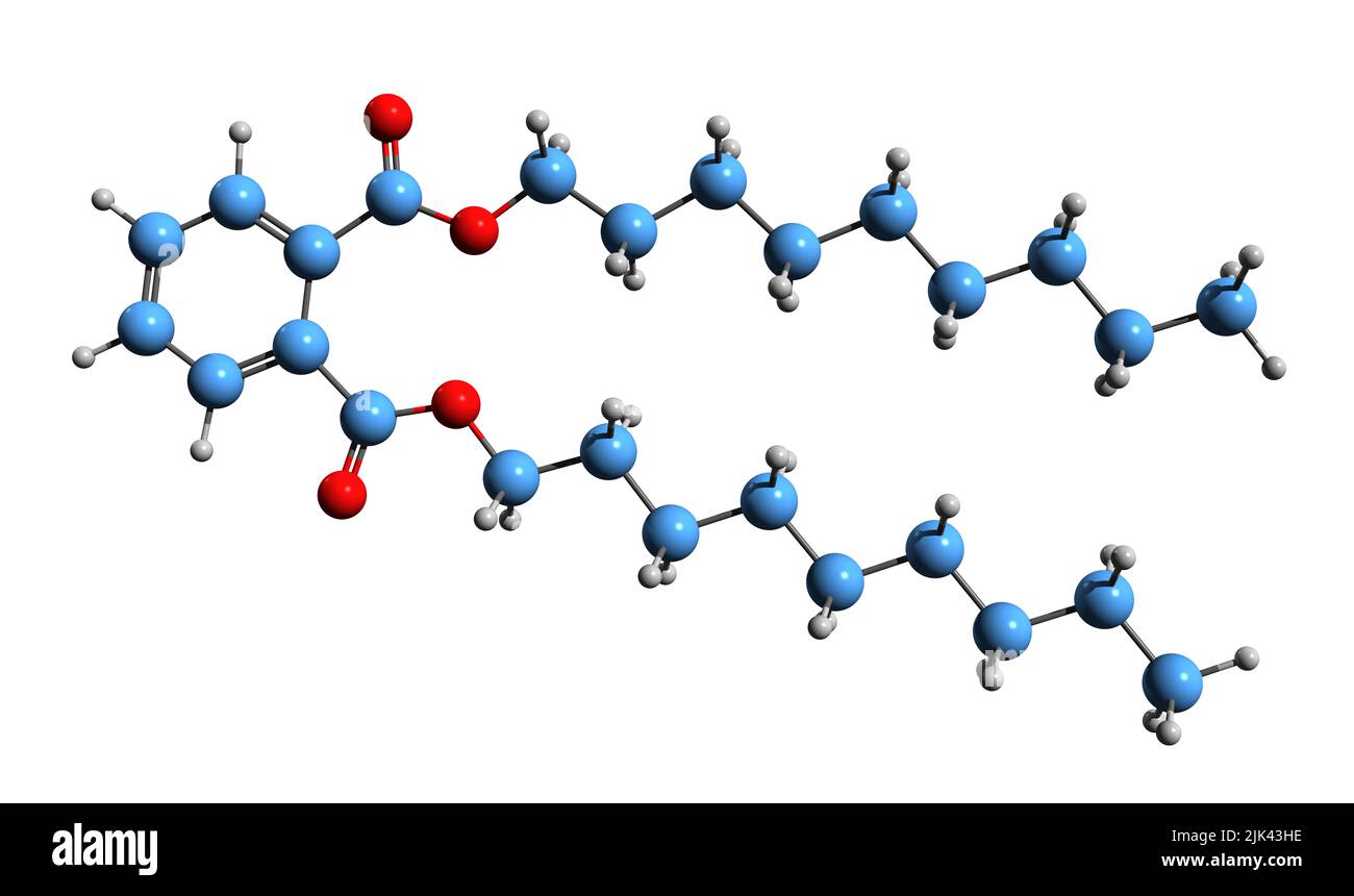 3D immagine di diisononil ftalato formula scheletrica - struttura chimica molecolare del plastificante DINP isolato su sfondo bianco Foto Stock