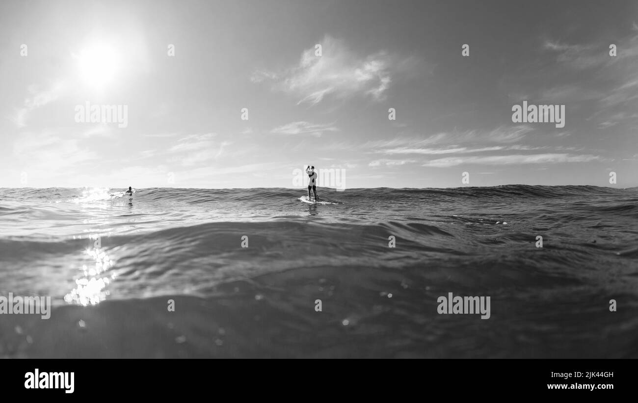 Surfer sup paddler unidentified standing on surf board oceano swell orizzonte posteriore dietro acqua foto bianco nero. Foto Stock