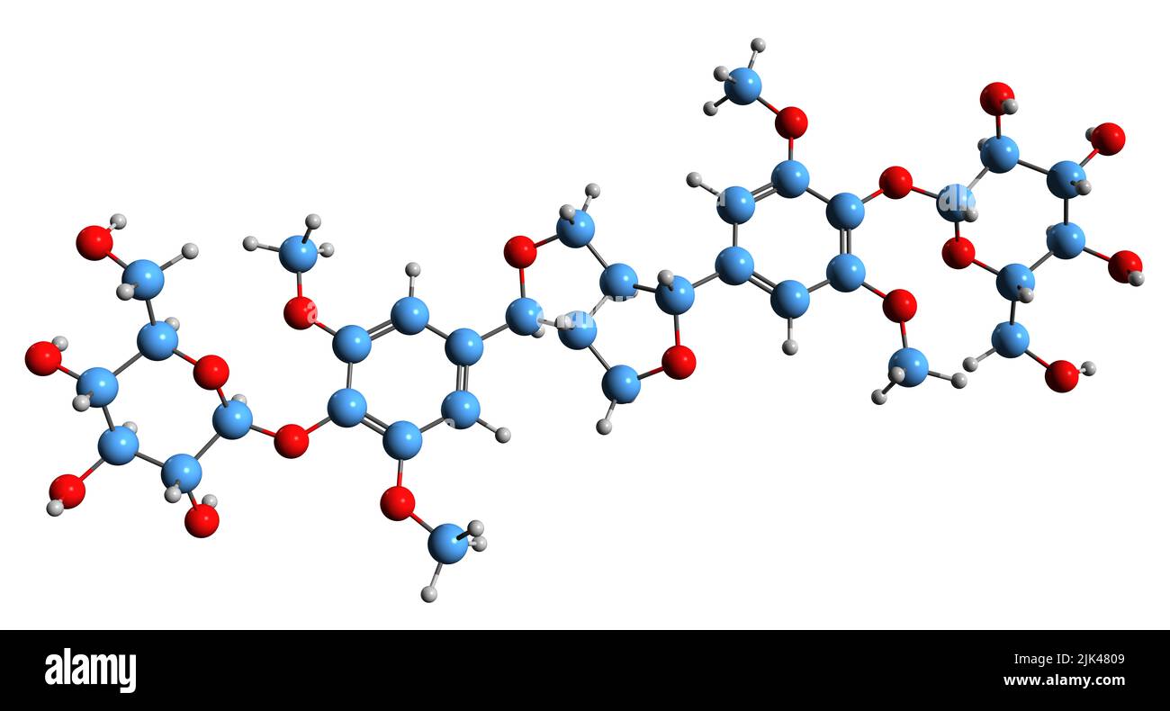 3D immagine di Eleutheroside D formula scheletrica - struttura chimica molecolare del glucoside dell'alcol sinapilico isolato su sfondo bianco Foto Stock