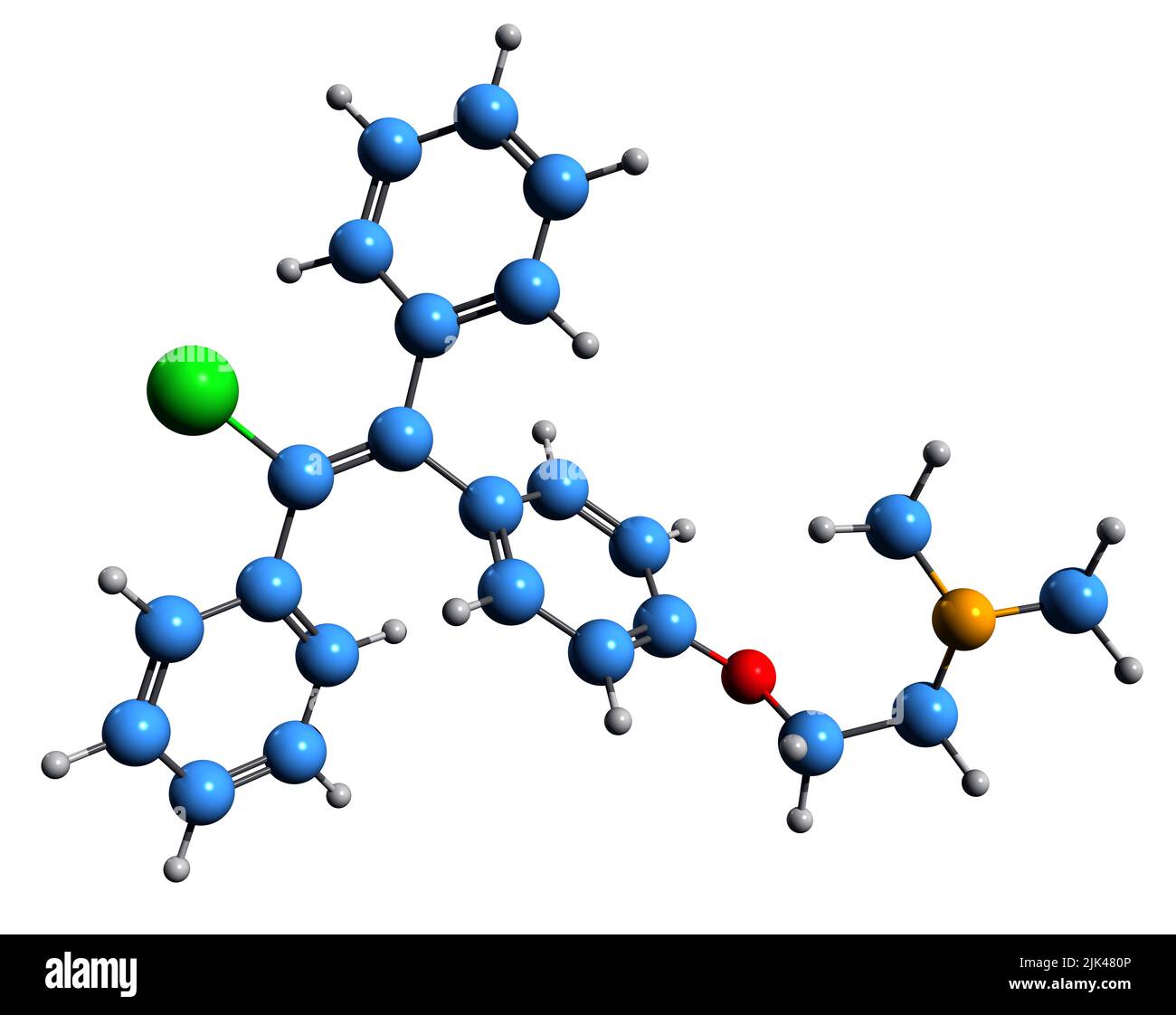 3D immagine di Enclomifene formula scheletrica - struttura chimica molecolare di modulatore non steroideo selettivo del recettore estrogenico isolato su fondo bianco Foto Stock