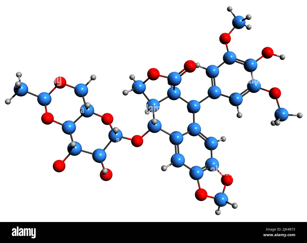 3D immagine di formula scheletrica di epipodophylotossine - struttura chimica molecolare di farmaco antitumorale isolato su sfondo bianco Foto Stock