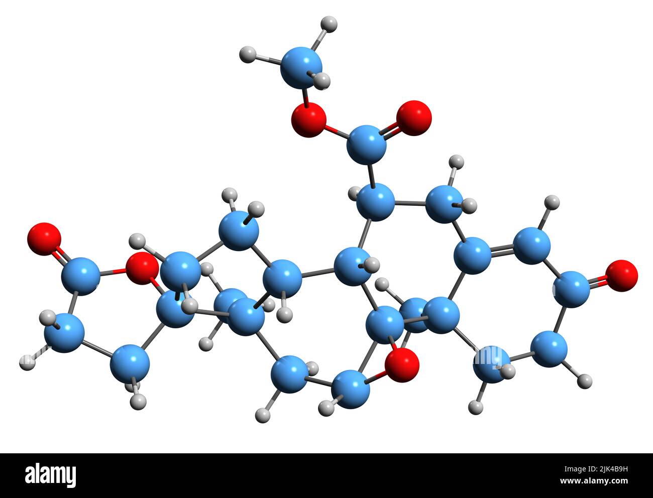3D immagine della formula scheletrica di Eplerenone - struttura chimica molecolare dell'antagonista dell'aldosterone isolato su sfondo bianco Foto Stock