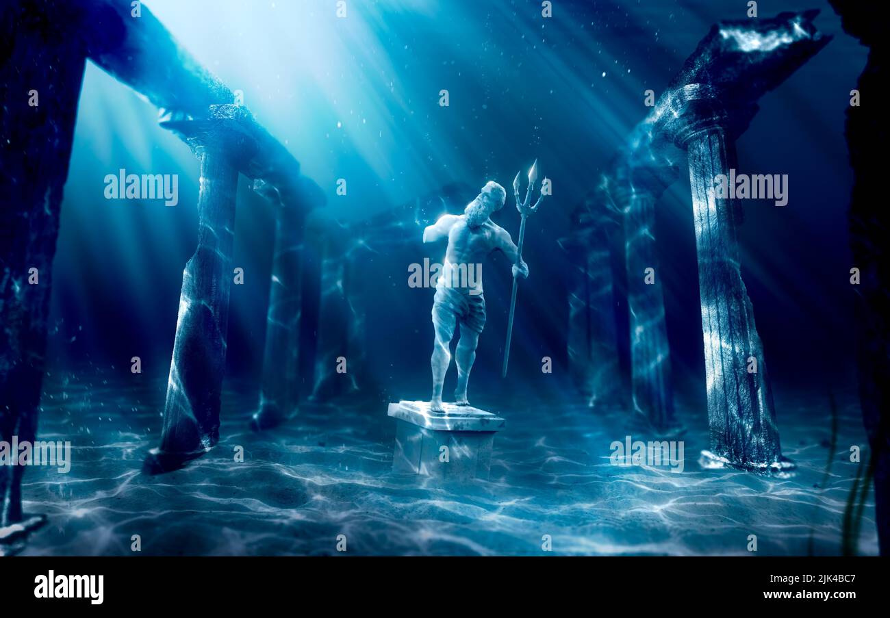 3D illustrazione basata sulla leggenda della città perduta di Atlantide, città subacquea, rendering Foto Stock