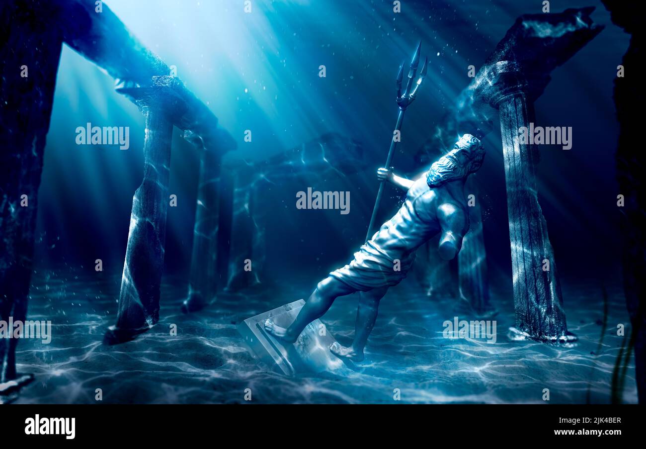 3D illustrazione basata sulla leggenda della città perduta di Atlantide, città subacquea, rendering Foto Stock