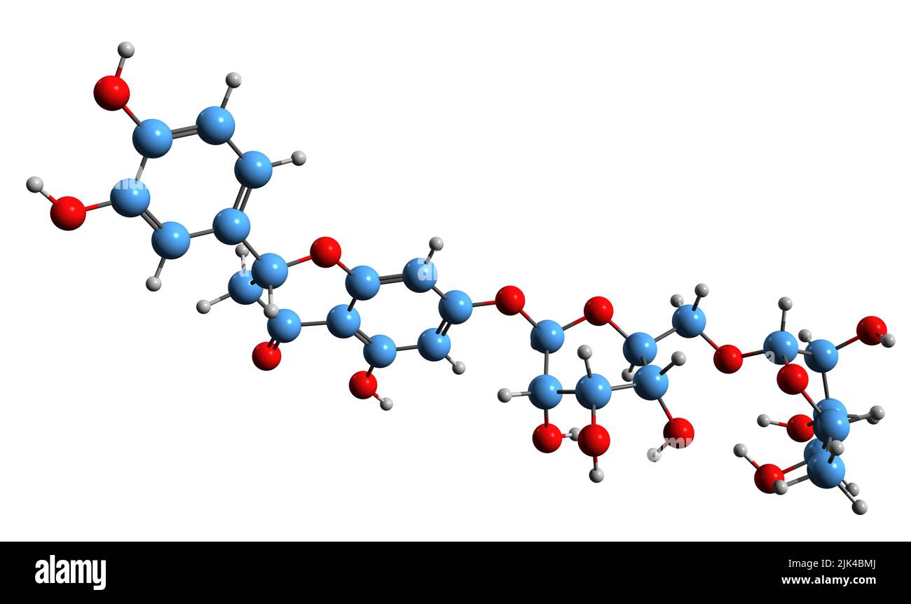 3D immagine della formula scheletrica Eriocitrin - struttura chimica molecolare del glicoside eriodictilico isolato su sfondo bianco Foto Stock