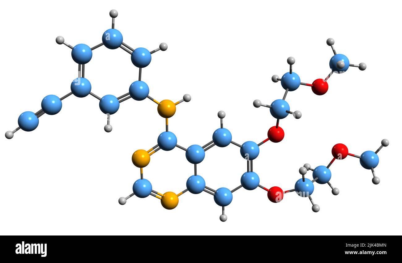 3D immagine della formula scheletrica di Erlotinib - struttura chimica molecolare del farmaco antitumorale isolato su sfondo bianco Foto Stock