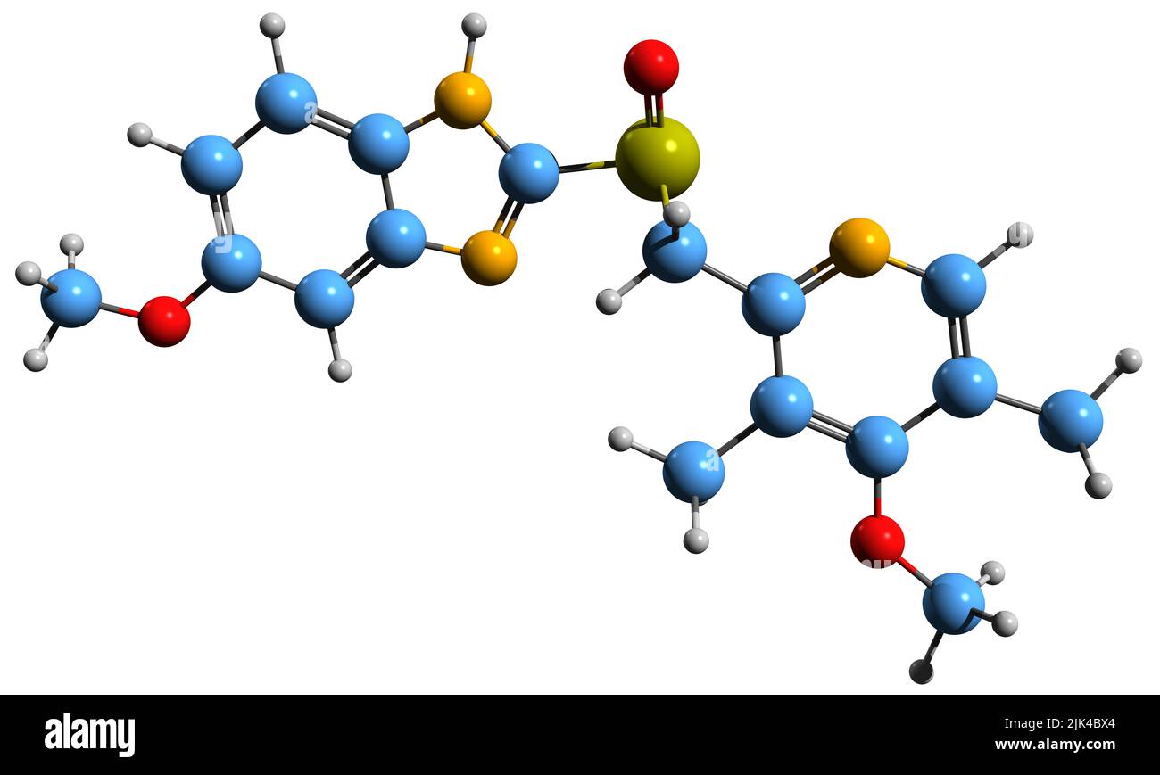 3D immagine della formula scheletrica di Esomeprazolo - struttura chimica molecolare dell'inibitore della pompa protonica isolato su sfondo bianco Foto Stock