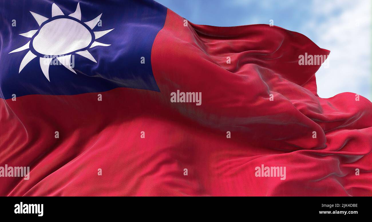 Vista ravvicinata della bandiera taiwanese che sventola nel vento. Taiwan, ufficialmente Repubblica di Cina, è un paese dell'Asia orientale Foto Stock