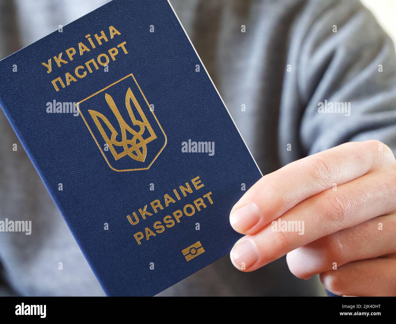 Passaporto ucraino in mano al proprietario. Foto Stock